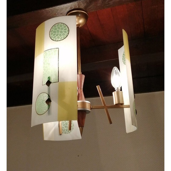 Image 1 of Vintage Art Deco chandelier with gold and glass plates, Germany 1950
