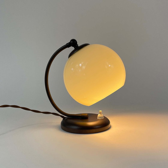 Image 1 of Art Deco Bronzed Brass & Opaline Table Lamp, Germany 1930s