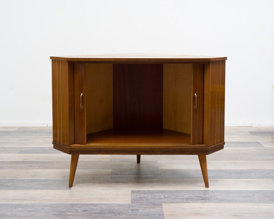 Image 1 of 50s corner chest of drawers / TV cabinet with blinds doors.