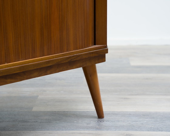 Image 1 of 50s corner chest of drawers / TV cabinet with blinds doors.