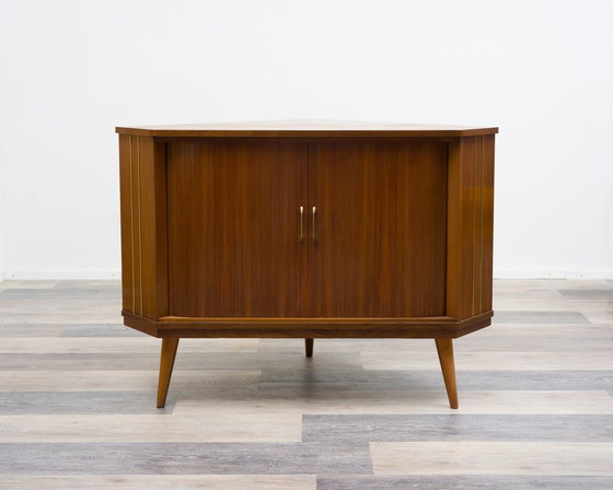 Image 1 of 50s corner chest of drawers / TV cabinet with blinds doors.