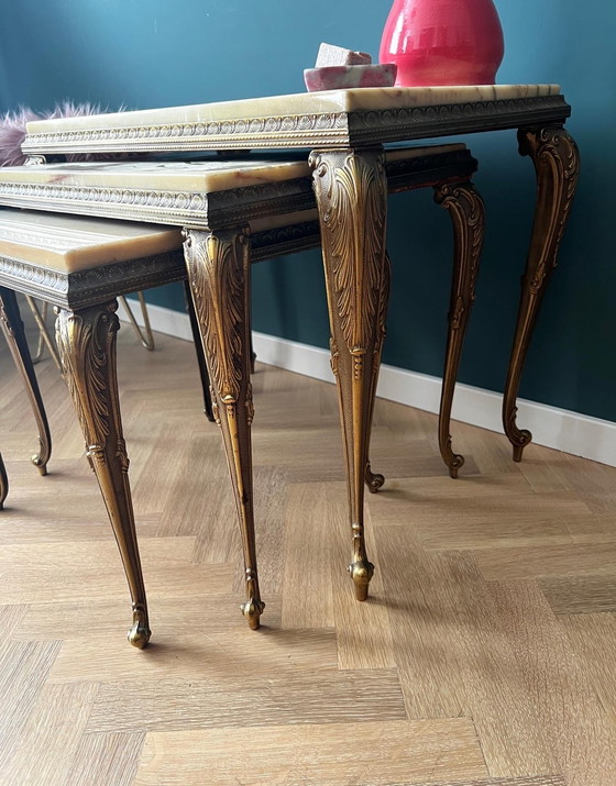 Image 1 of Set of 3 Baroque Nesting Tables in Brass and Marble