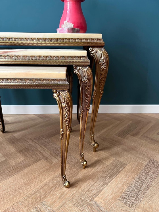 Image 1 of Set of 3 Baroque Nesting Tables in Brass and Marble