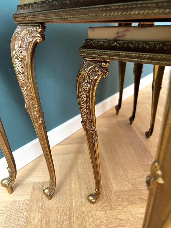 Image 1 of Set of 3 Baroque Nesting Tables in Brass and Marble