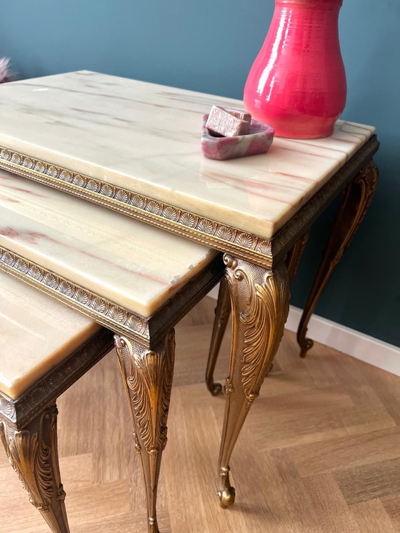 Image 1 of Set of 3 Baroque Nesting Tables in Brass and Marble