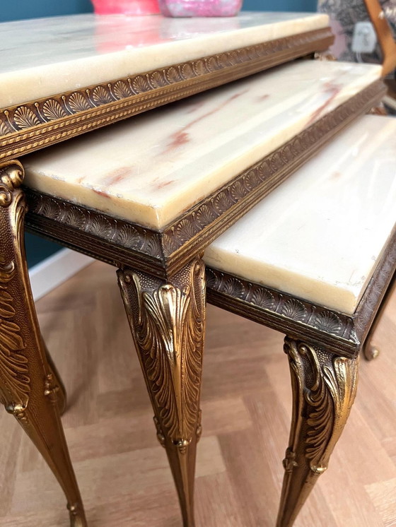 Image 1 of Set of 3 Baroque Nesting Tables in Brass and Marble