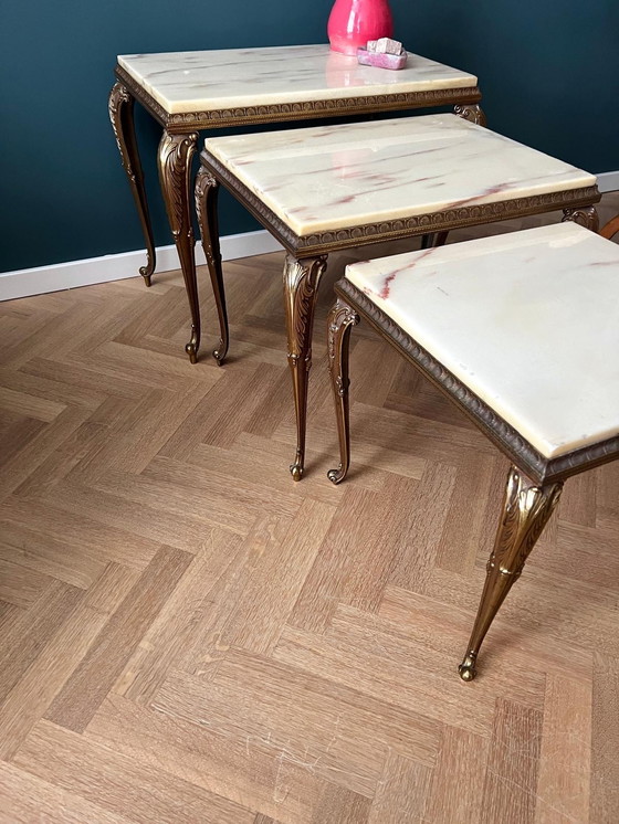 Image 1 of Set of 3 Baroque Nesting Tables in Brass and Marble