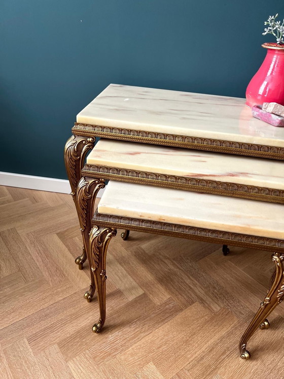 Image 1 of Set of 3 Baroque Nesting Tables in Brass and Marble