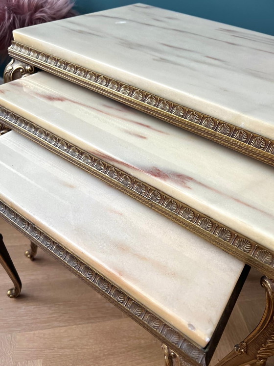 Image 1 of Set of 3 Baroque Nesting Tables in Brass and Marble