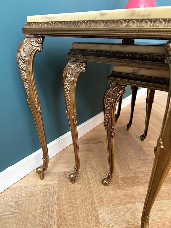 Image 1 of Set of 3 Baroque Nesting Tables in Brass and Marble