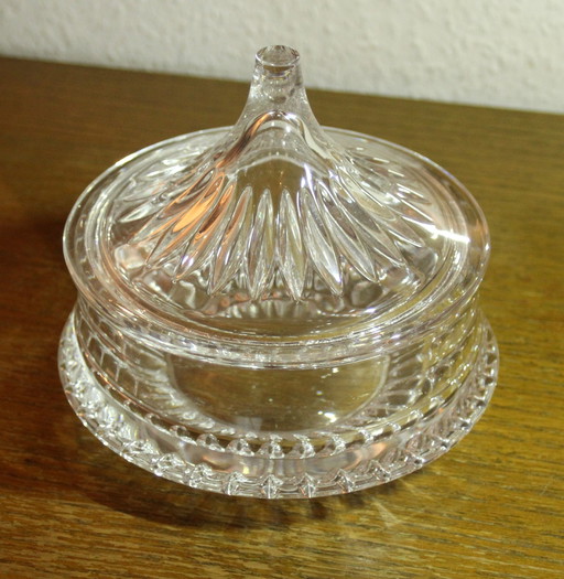 1930S Art Deco lead crystal bonbonnière, heavy tin box