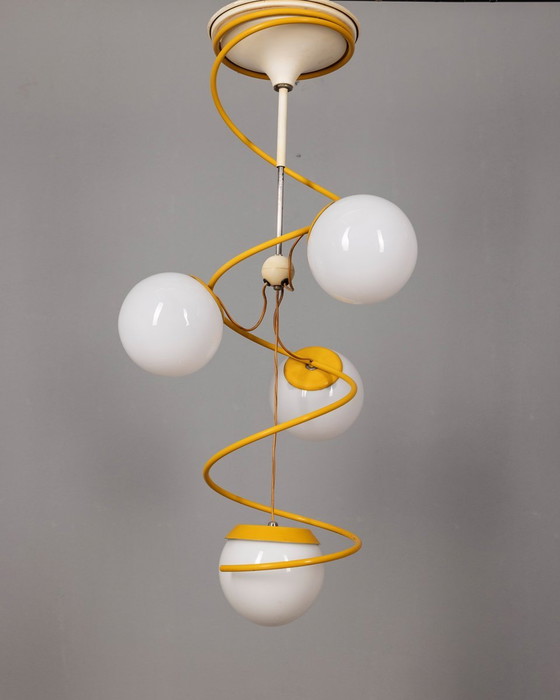 Image 1 of Vintage Chandelier From The 70S Yellow Metal And Space Age Glass Italian Design  