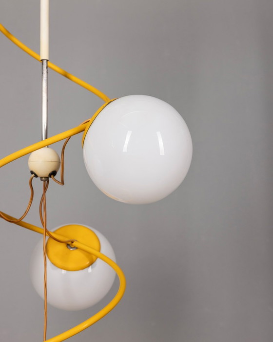 Image 1 of Vintage Chandelier From The 70S Yellow Metal And Space Age Glass Italian Design  