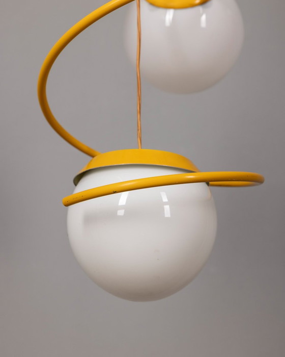 Image 1 of Vintage Chandelier From The 70S Yellow Metal And Space Age Glass Italian Design  