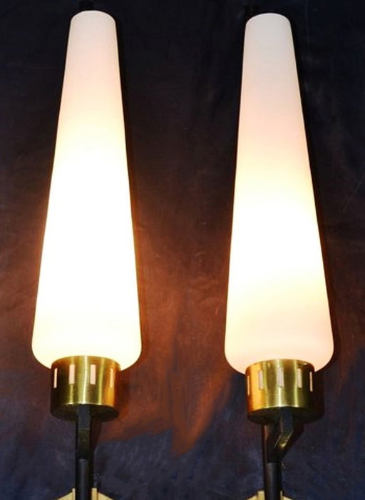 Pair Of Tall Italian Iron, Brass And Opaline Glass Wall Lights, Stilnovo Period 1940S-50S