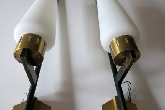 Image 1 of Pair Of Tall Italian Iron, Brass And Opaline Glass Wall Lights, Stilnovo Period 1940S-50S