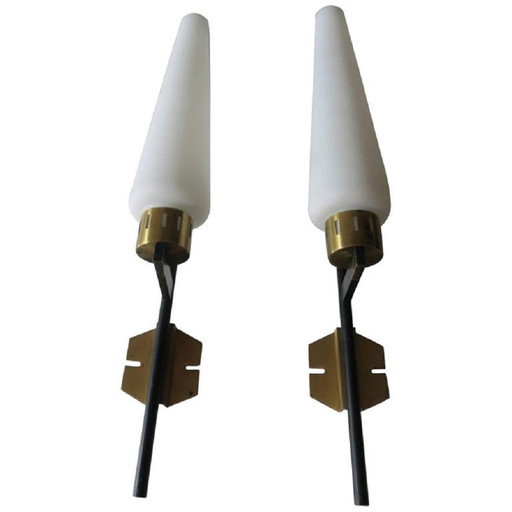 Pair Of Tall Italian Iron, Brass And Opaline Glass Wall Lights, Stilnovo Period 1940S-50S