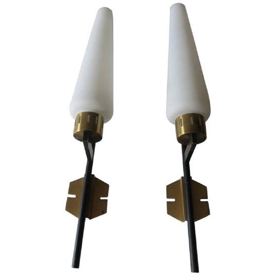 Image 1 of Pair Of Tall Italian Iron, Brass And Opaline Glass Wall Lights, Stilnovo Period 1940S-50S