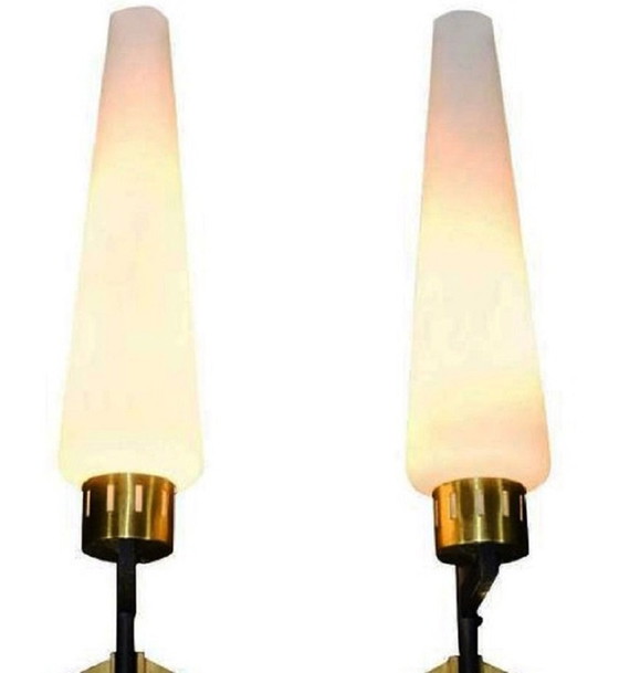 Image 1 of Pair Of Tall Italian Iron, Brass And Opaline Glass Wall Lights, Stilnovo Period 1940S-50S