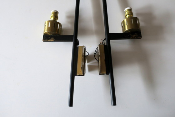 Image 1 of Pair Of Tall Italian Iron, Brass And Opaline Glass Wall Lights, Stilnovo Period 1940S-50S