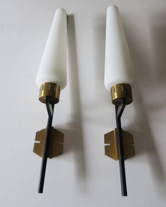 Image 1 of Pair Of Tall Italian Iron, Brass And Opaline Glass Wall Lights, Stilnovo Period 1940S-50S