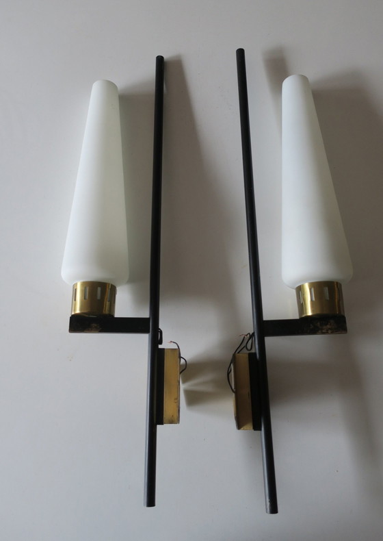 Image 1 of Pair Of Tall Italian Iron, Brass And Opaline Glass Wall Lights, Stilnovo Period 1940S-50S