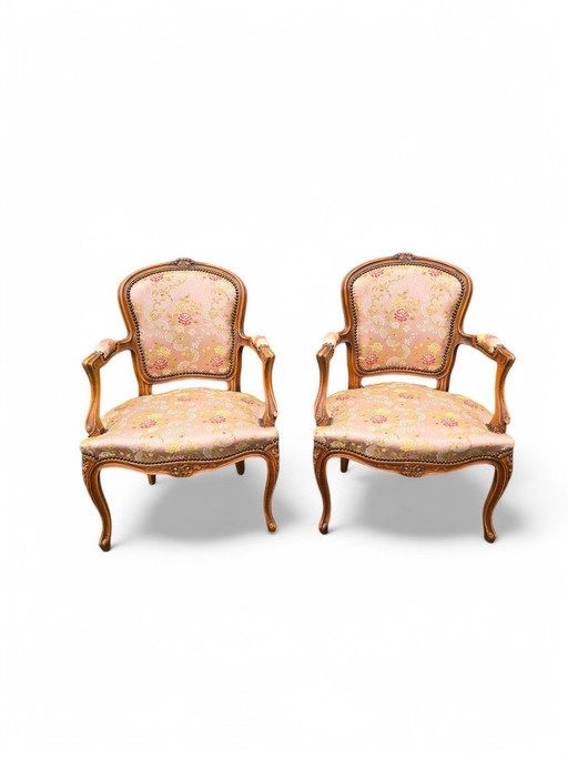 Pair De Fauteuils Cabriolet Louis Xv Tissu Fleuri