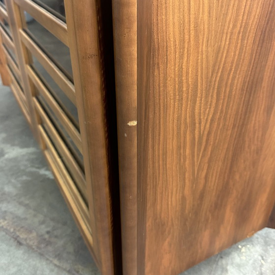 Image 1 of Tall Italian vintage sideboard cabinet with walnut wood and glass