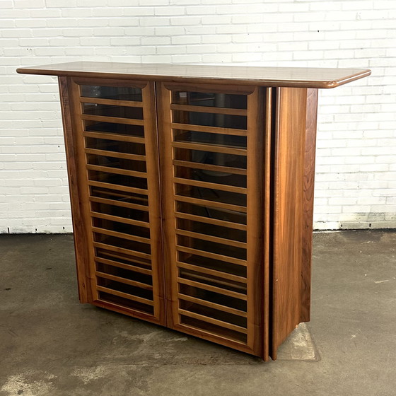 Image 1 of Tall Italian vintage sideboard cabinet with walnut wood and glass