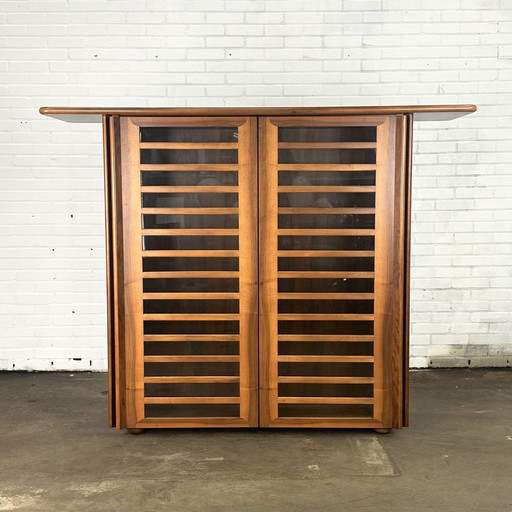 Tall Italian vintage sideboard cabinet with walnut wood and glass