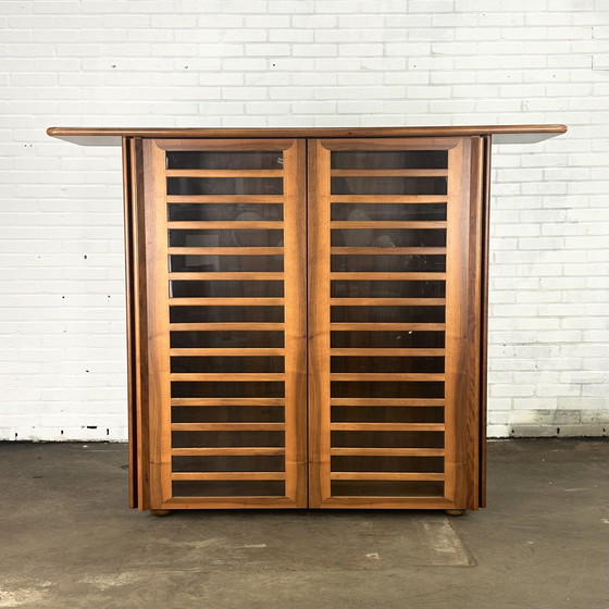 Image 1 of Tall Italian vintage sideboard cabinet with walnut wood and glass