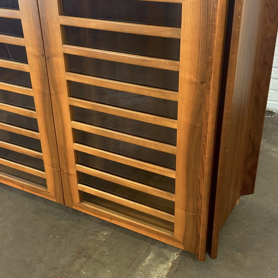 Image 1 of Tall Italian vintage sideboard cabinet with walnut wood and glass