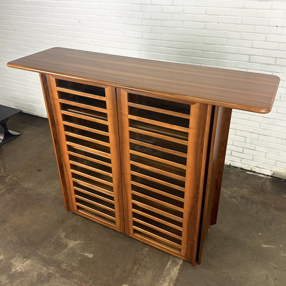 Image 1 of Tall Italian vintage sideboard cabinet with walnut wood and glass