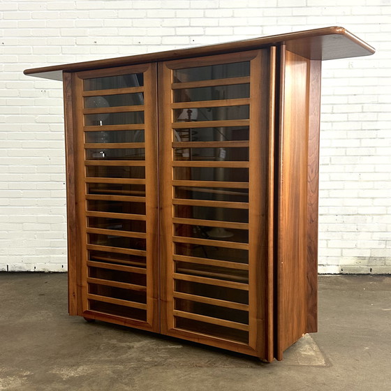 Image 1 of Tall Italian vintage sideboard cabinet with walnut wood and glass