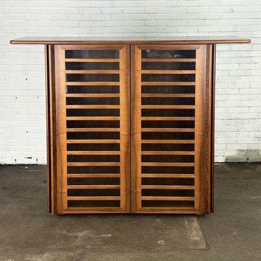 Tall Italian vintage sideboard cabinet with walnut wood and glass