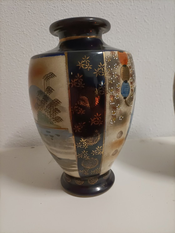 Image 1 of Japanese Satsuma Vase Set Mirrored Cobalt Blue