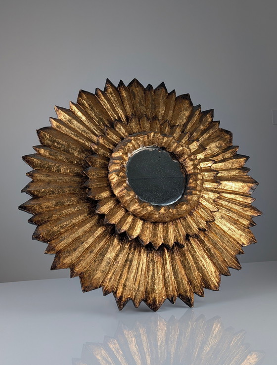 Image 1 of Double-Layered Sunburst Mirror In Wood And Gold Leaf