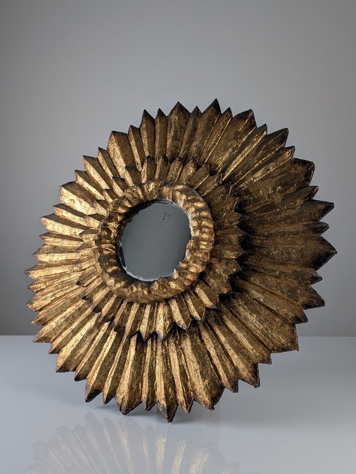 Double-Layered Sunburst Mirror In Wood And Gold Leaf