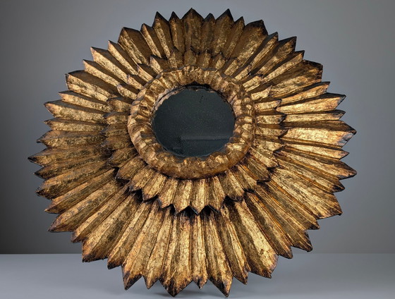 Image 1 of Double-Layered Sunburst Mirror In Wood And Gold Leaf