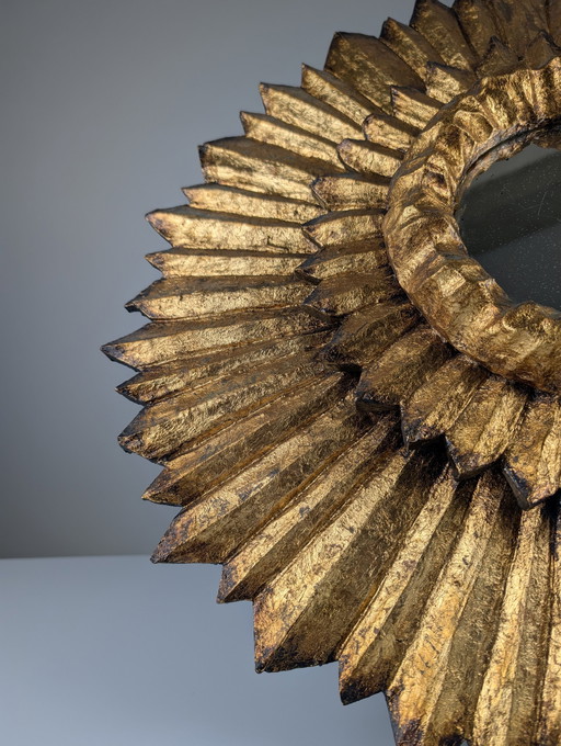 Double-Layered Sunburst Mirror In Wood And Gold Leaf