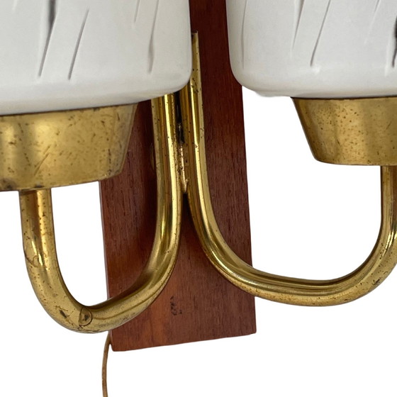 Image 1 of Vintage - Mcm - Wall Mounted Lamp / Sconce With Two Bulbs - Glass, Brass And Teak Wood