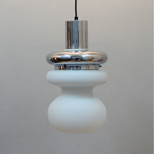 Vintage opaline and chrome pendant lamp, Italy 1970