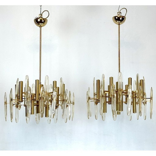 Pair of vintage brass and glass chandeliers by Sciolari, Italy 1970