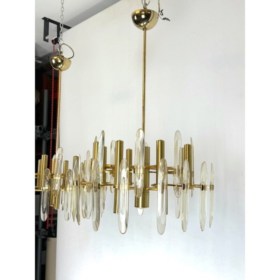 Image 1 of Pair of vintage brass and glass chandeliers by Sciolari, Italy 1970