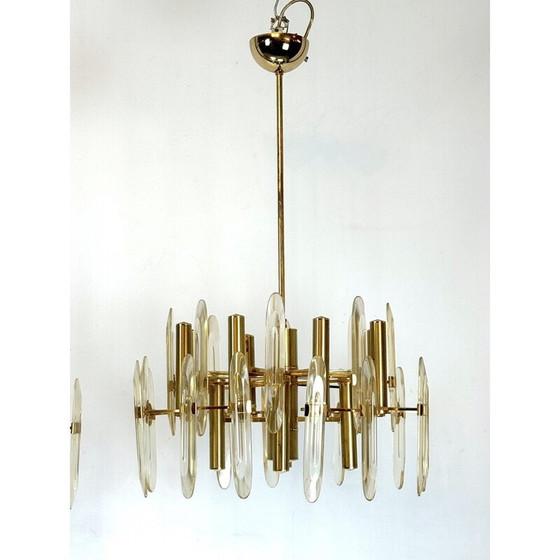 Image 1 of Pair of vintage brass and glass chandeliers by Sciolari, Italy 1970