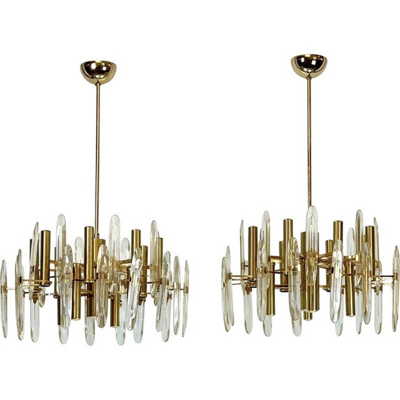 Image 1 of Pair of vintage brass and glass chandeliers by Sciolari, Italy 1970