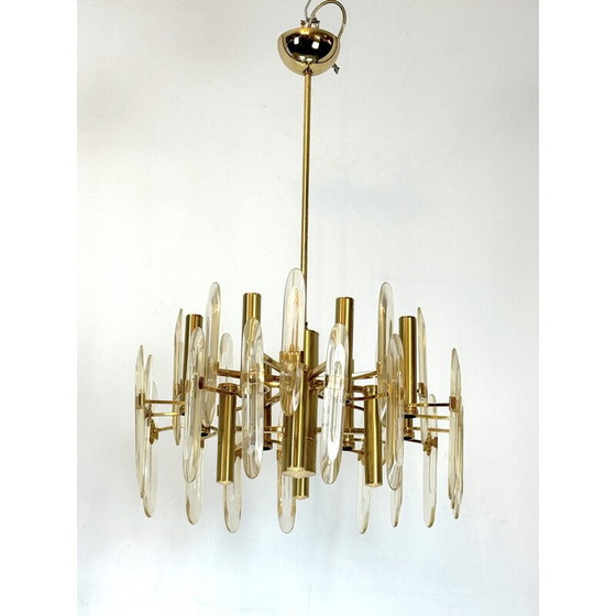 Image 1 of Pair of vintage brass and glass chandeliers by Sciolari, Italy 1970