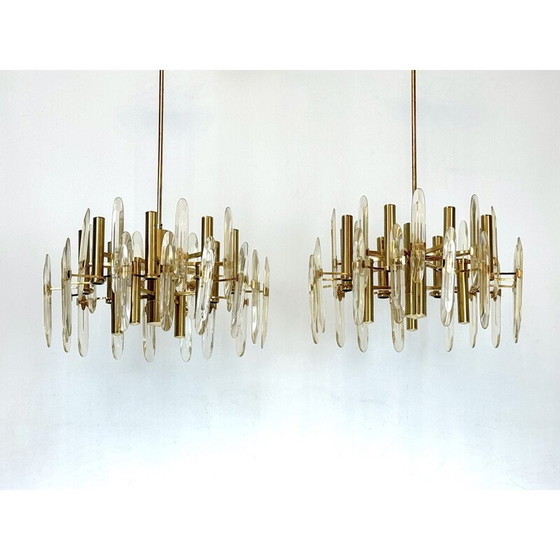 Image 1 of Pair of vintage brass and glass chandeliers by Sciolari, Italy 1970