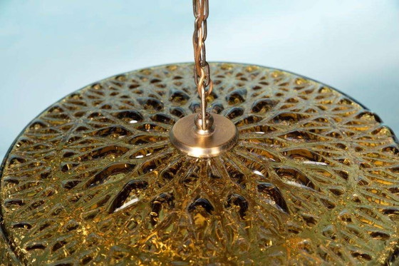 Image 1 of Space age amber glass pendant lamp 70s, Swedish glass pendant