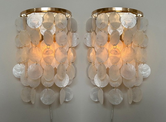 Image 1 of Set Of 2 Capiz Shell Wall Lights Gold Frame Pearl